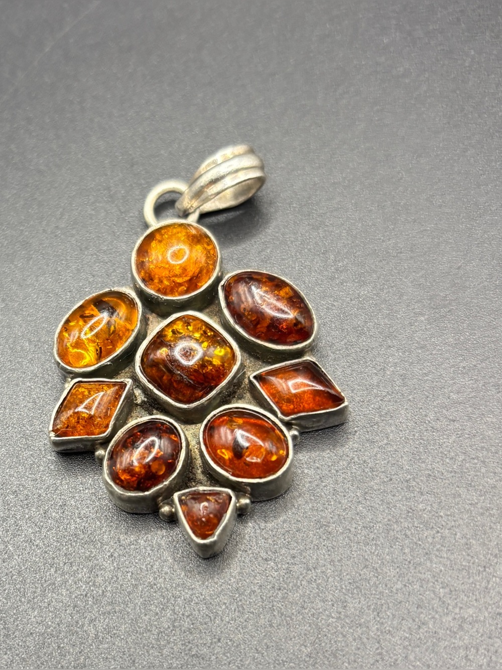 Sterling Silver Vintage Amber Multi-Stone Pendant in Warm Honey